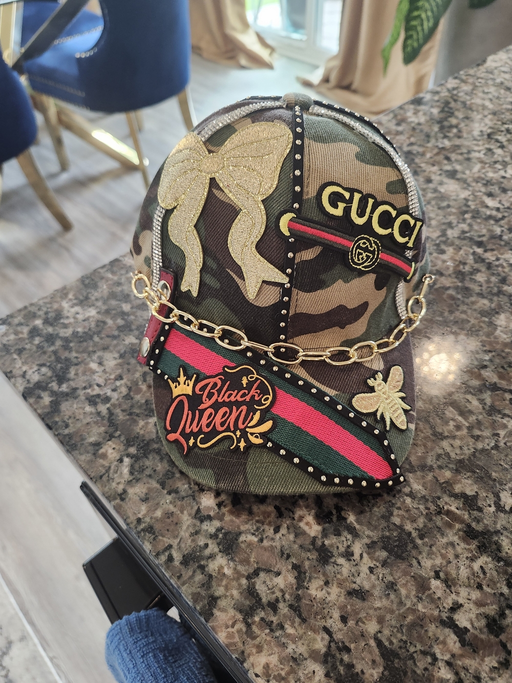Custom Made Gucci Embellished Camo Hat in Green & Black
